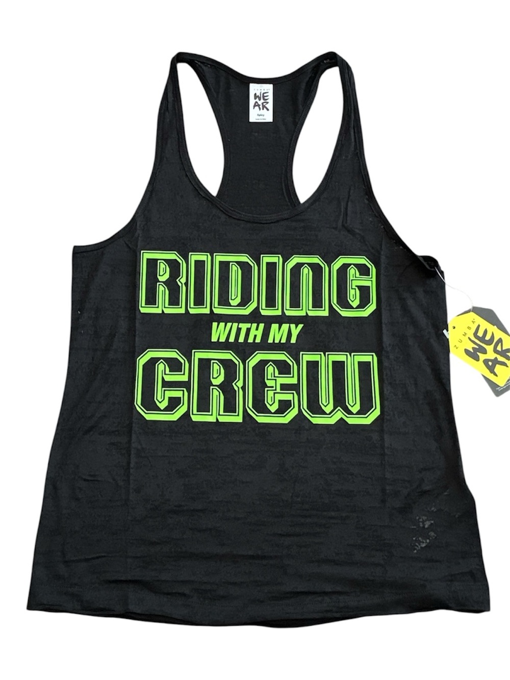 Zumba Fitness Black Racerback Tank with Neon Green "Riding With My Crew size S